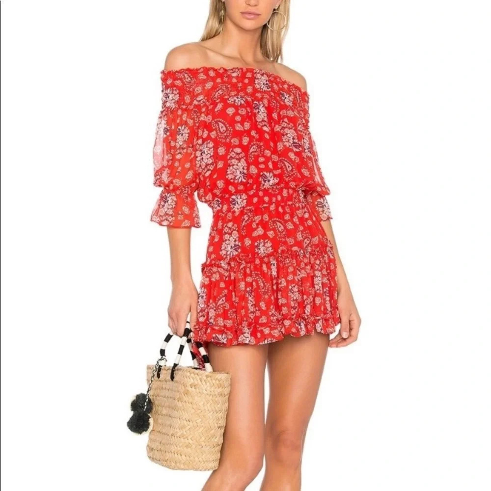 MISA‎ Los Angeles Darla Mini Dress Paisley Red Floral Pattern Size XS Smock Boho